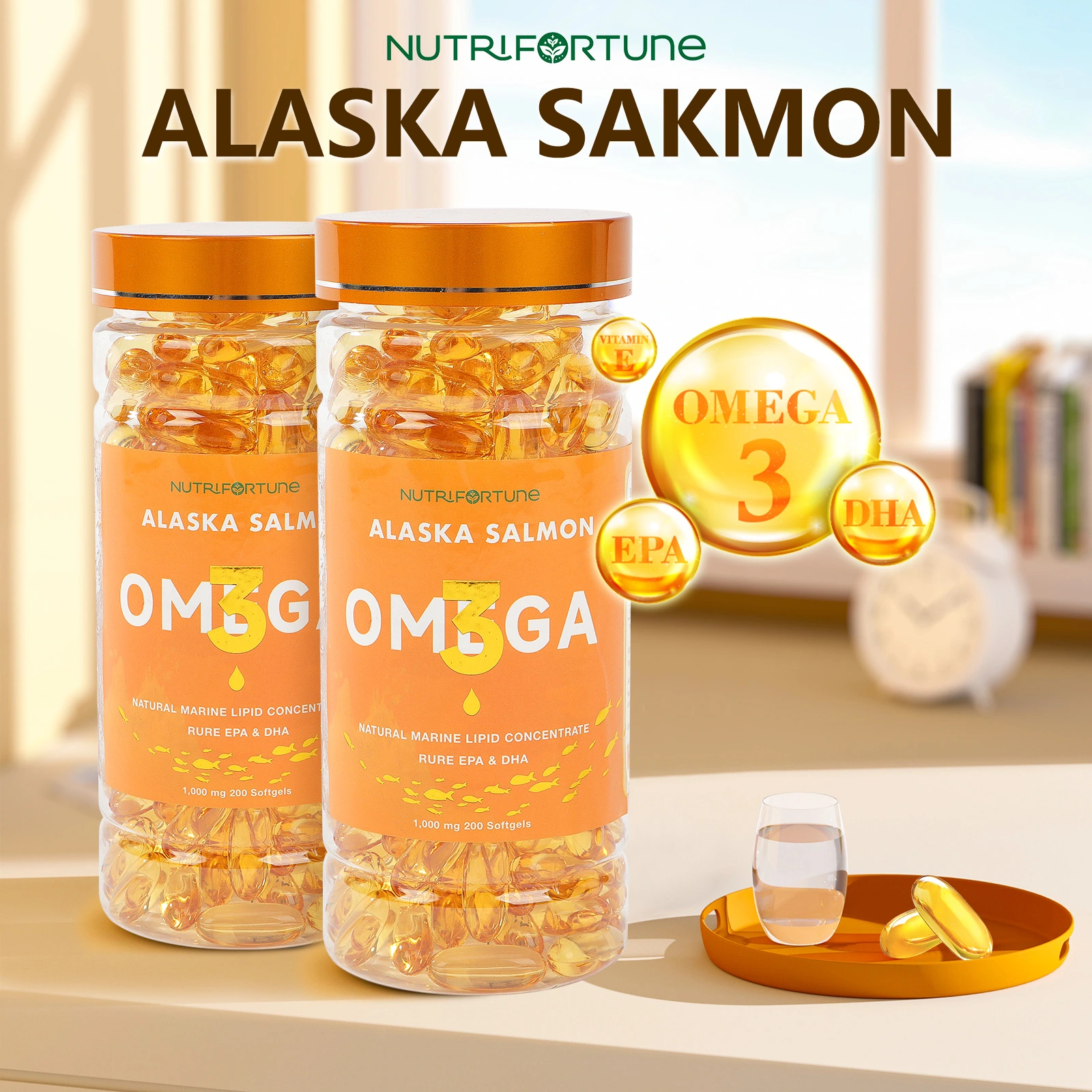 Fish oil nutritional supplement product image: Brand overview: bottle and capsule to establish identification