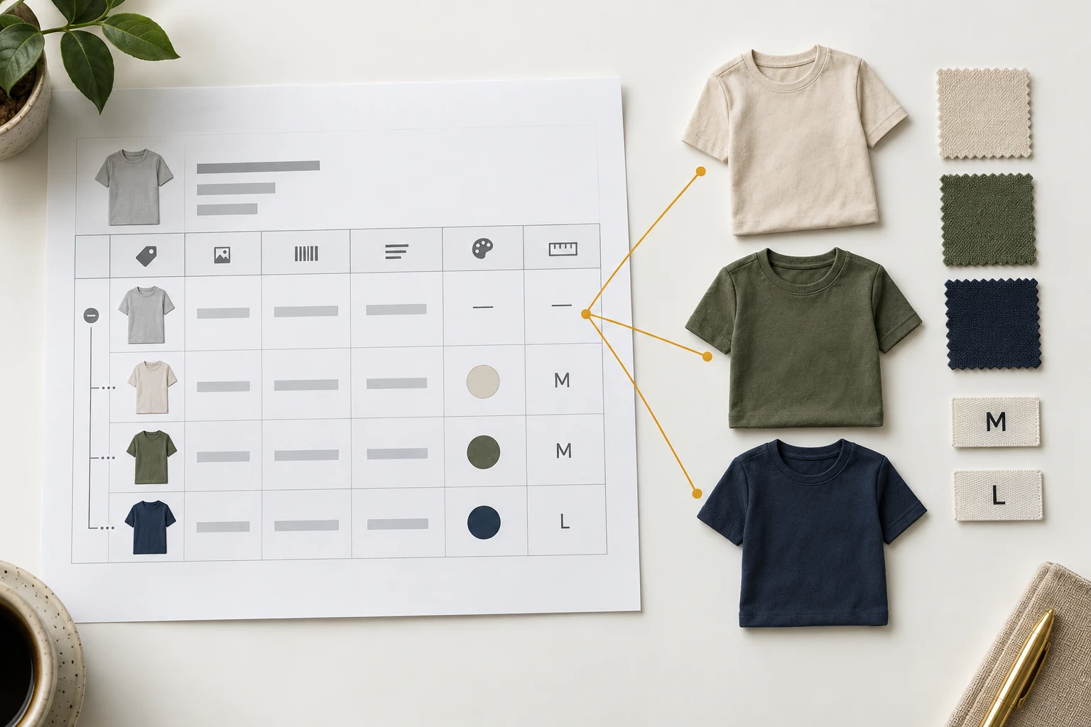 Correspondence between SKU and color and size variants in the product master table