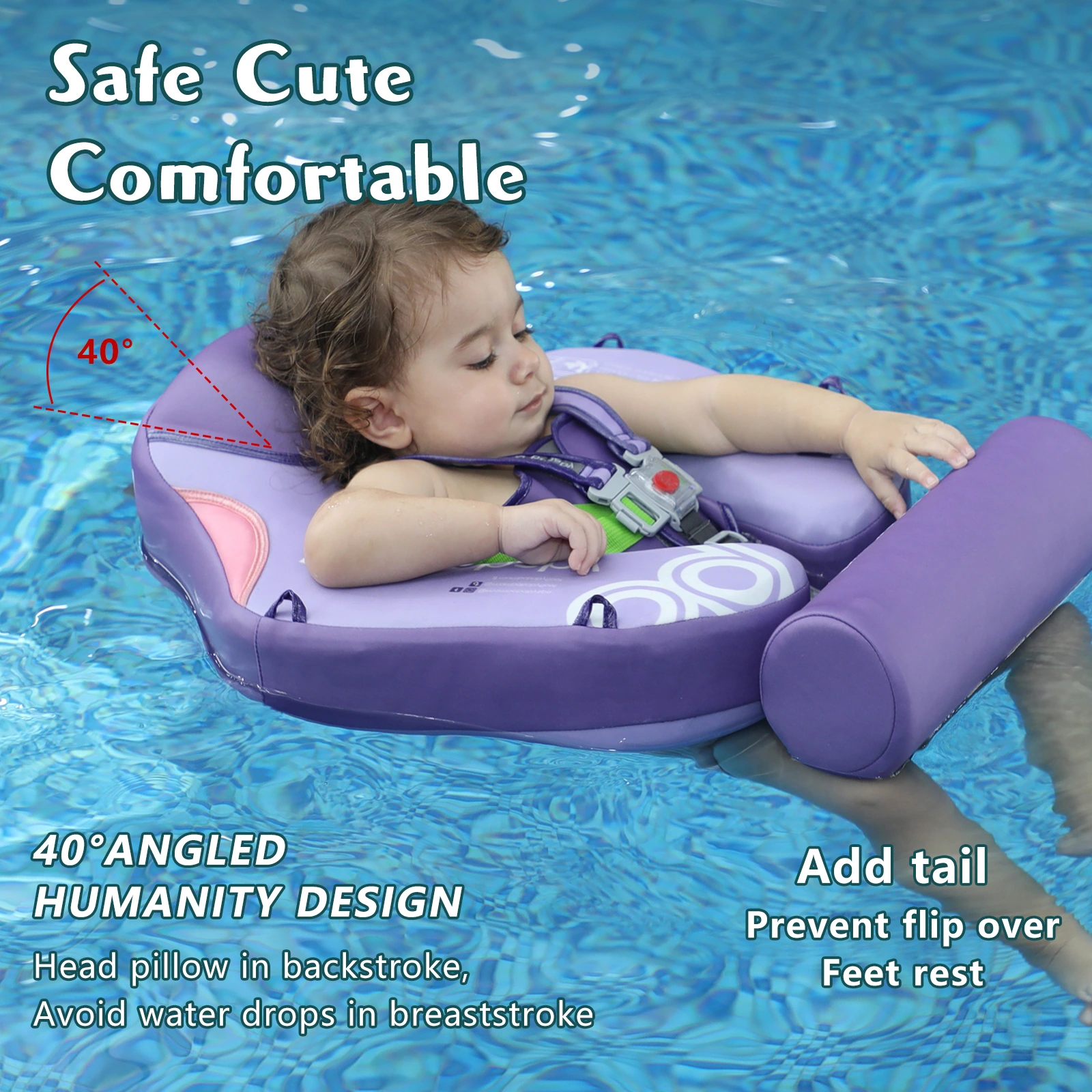 Product picture of baby swimming float: posture indication: using angle lines to illustrate spatial relationships