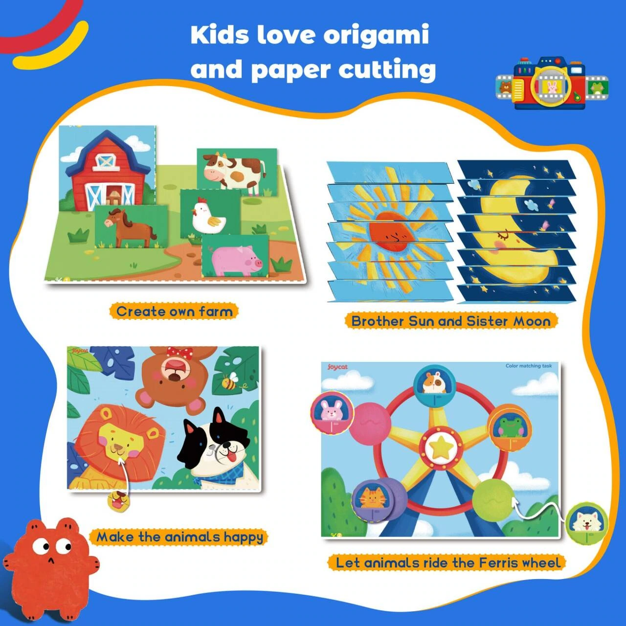 Product picture of children's paper-cut handmade set: Completed work: four panels displaying different shapes