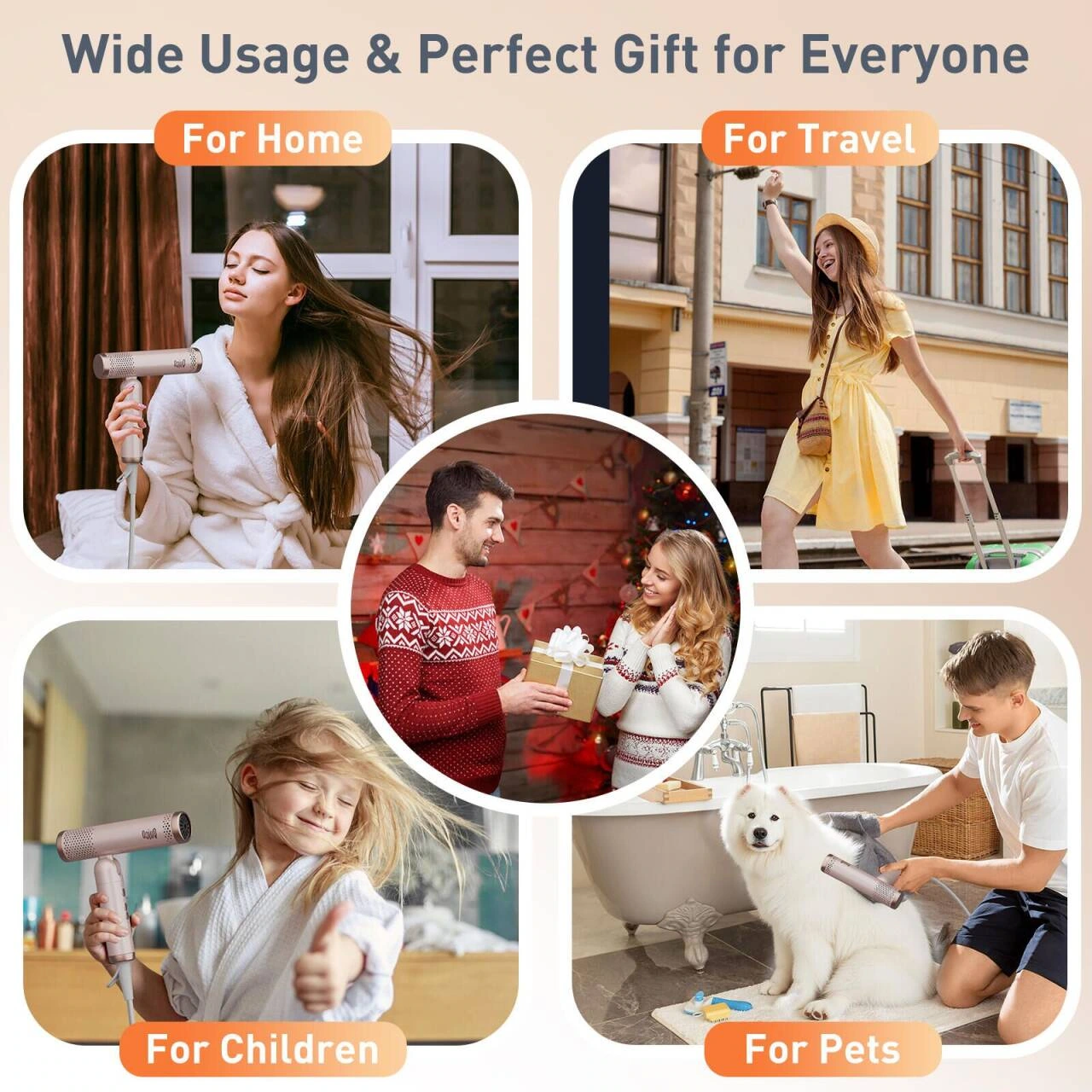 Folding hair dryer product picture: multi-scene combination: using cards to maintain a unified rhythm