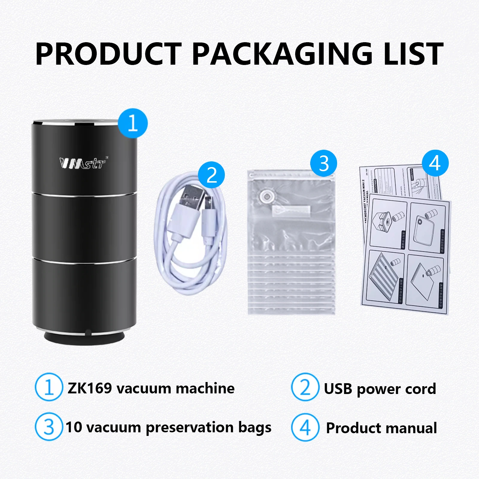 Portable vacuum pump product image: Accessories list: Number next to the actual item