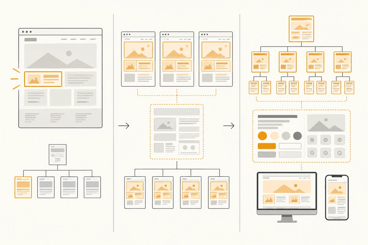 Schematic comparison of three areas: local optimization, template-level revision and full-site reconstruction
