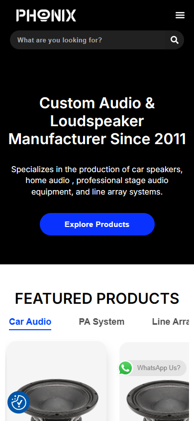 The actual first screen of the Phonix Audio homepage in a 390 pixel wide mobile viewport