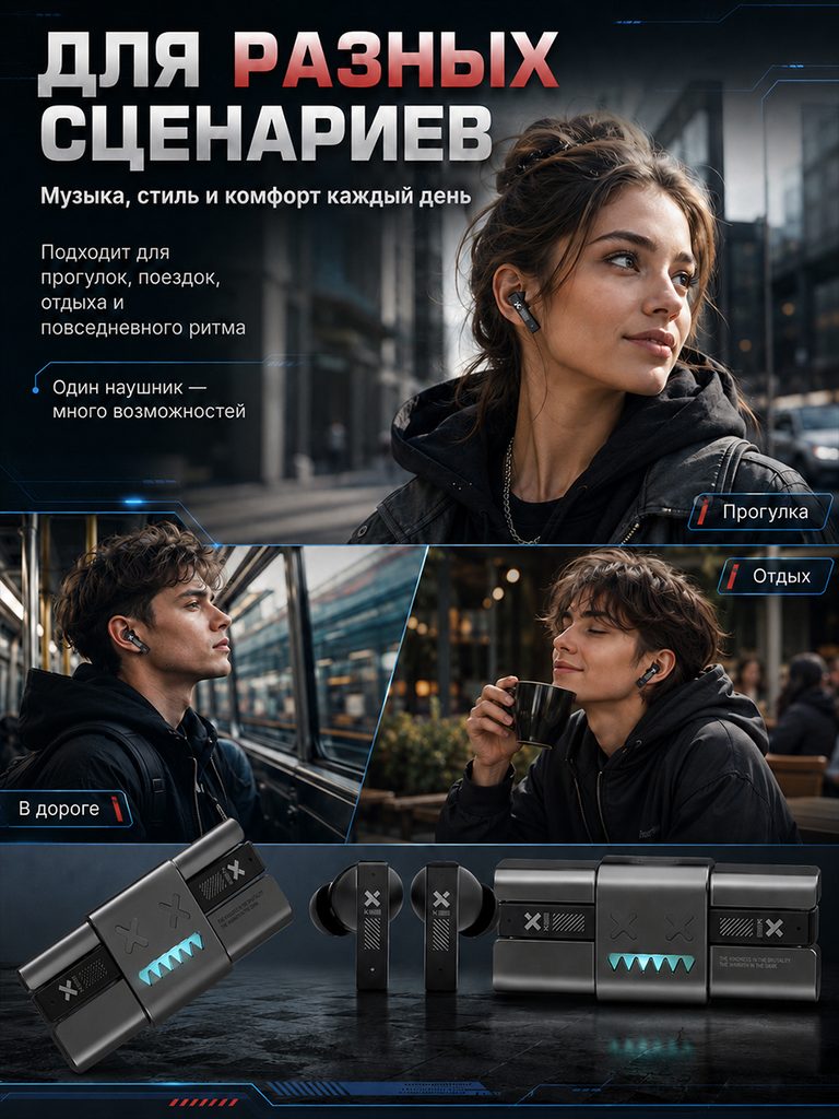 Russian product image of the metal body noise-cancelling Bluetooth headset: the main product image for street wear, the row and rest small pictures are juxtaposed at the bottom, and the complete headset and charging box are displayed at the bottom.
