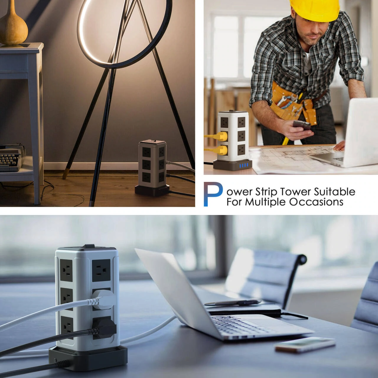 Tower socket product picture: multi-space use: unified size in three scenarios