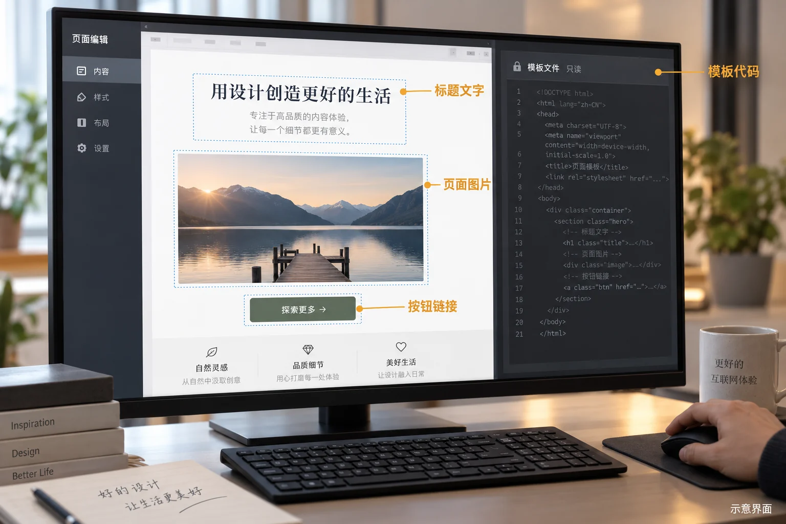 Content editing scope of page title text, pictures and button links