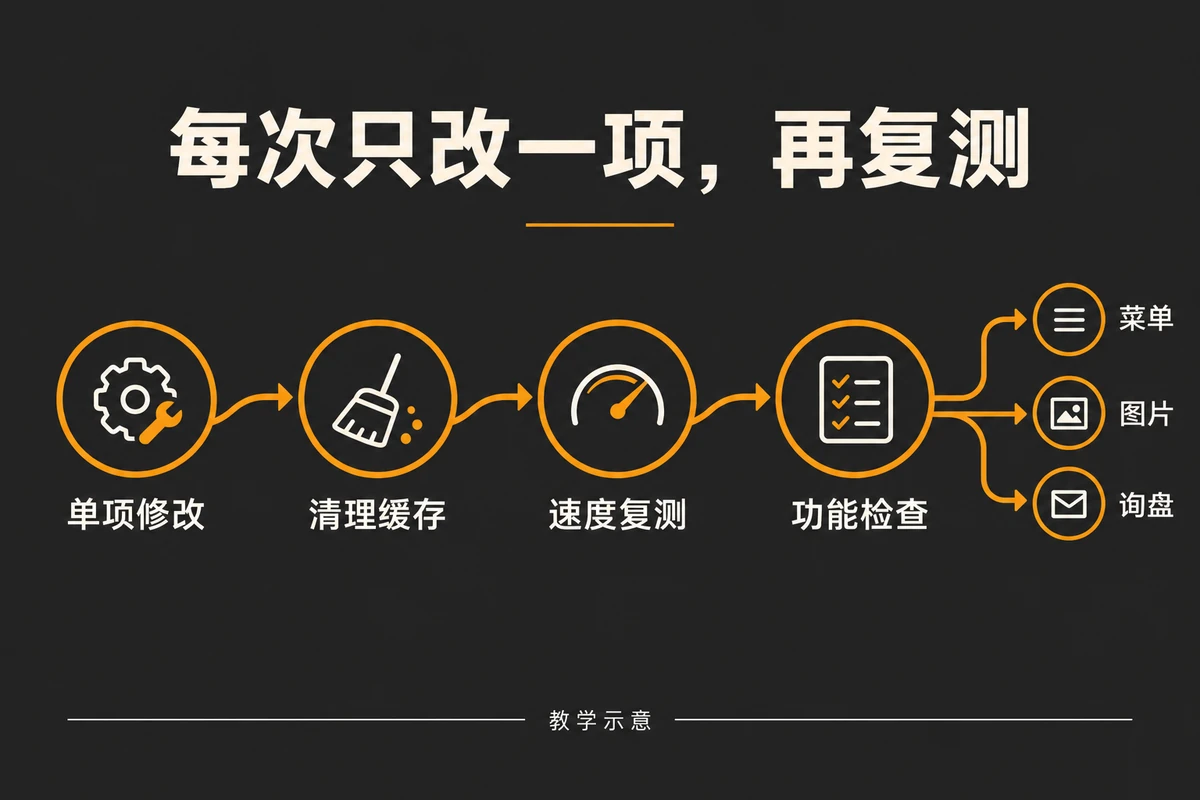 The process of single modification, cache clearing, speed retest and menu picture customer inquiry function check