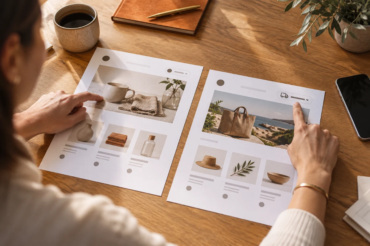 E-commerce operators compare two drafts of target market store pages to check language, product and delivery information