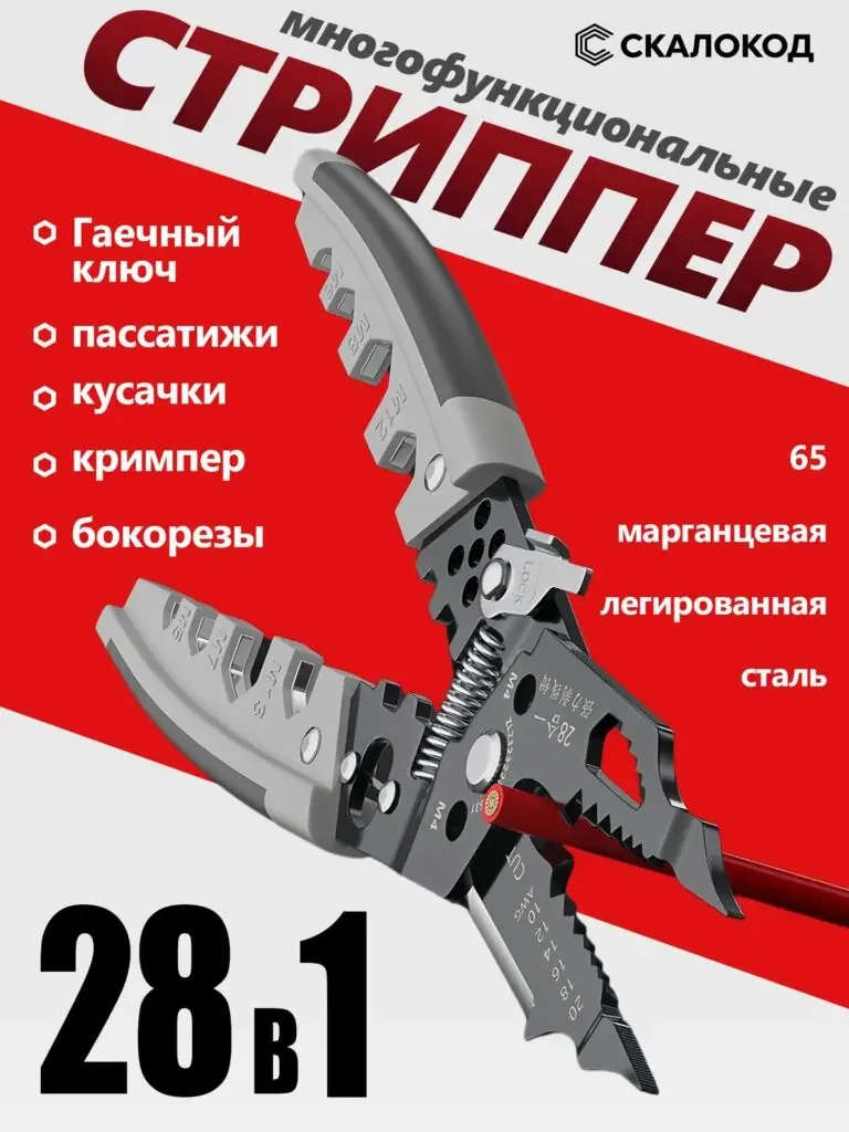 28-in-1 wire stripper Russian product picture: The unfolded plier body is diagonally across the screen, 28-in-1 is at the bottom, and the list on the left and material text are on both sides.