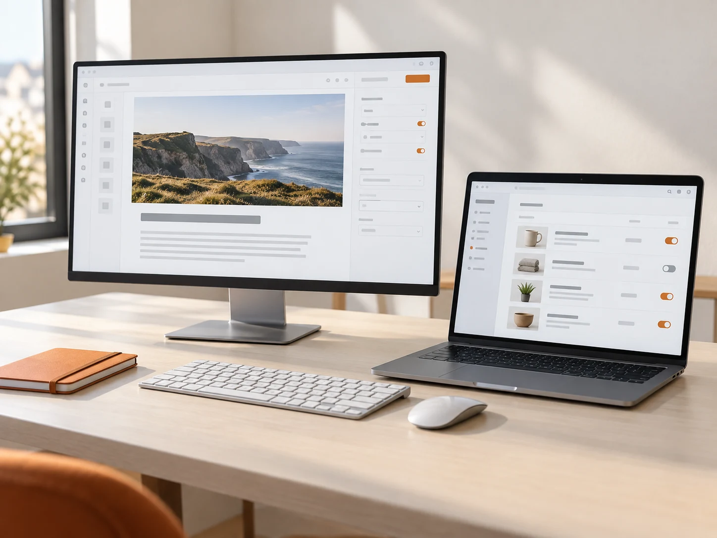 Two devices display common content editing and product management layouts to illustrate daily website maintenance tasks