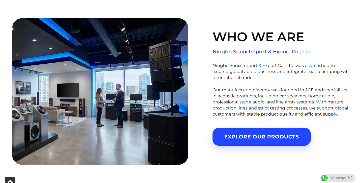 Brand introduction page corporate identity module, pictures and Who We Are company introduction are divided into left and right columns