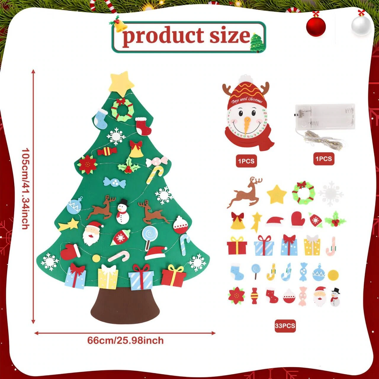 DIY Felt Christmas Tree Product Picture: Dimensions and Accessories: Information by Region