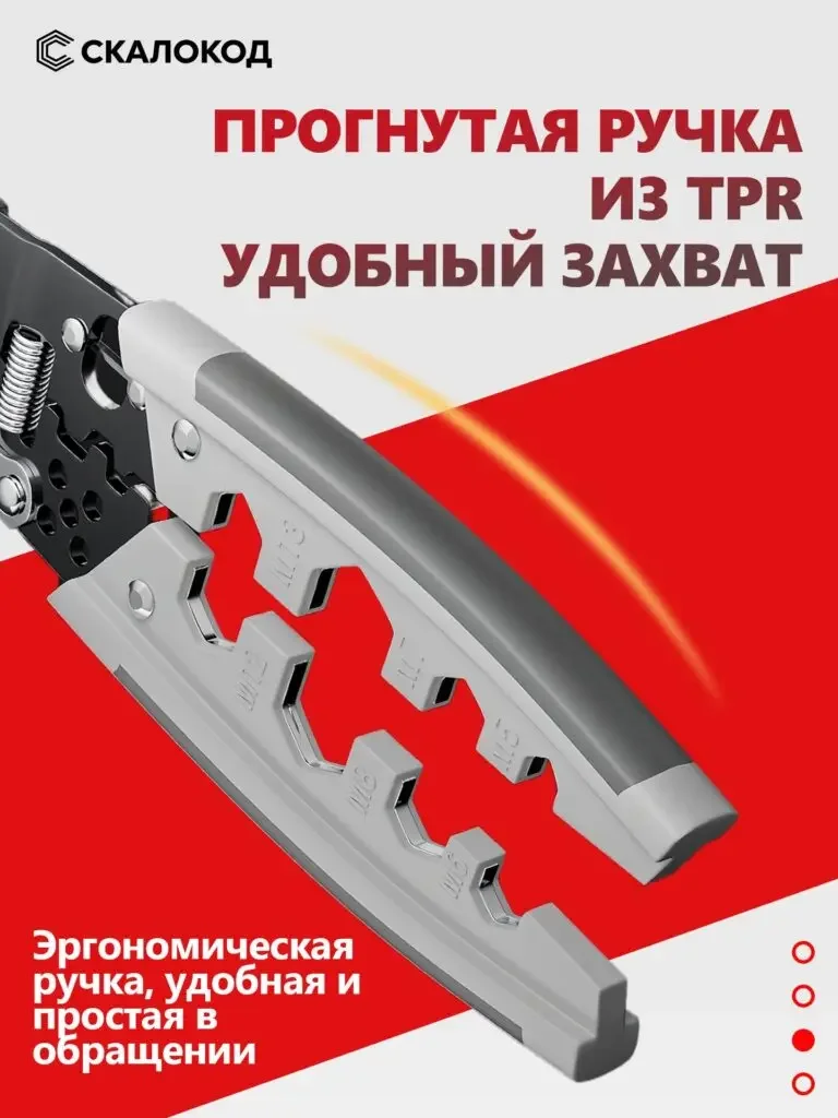 28-in-1 wire stripper Russian product picture: The handle is greatly enlarged, the TPR and holding instructions are on the upper part, and the arrows are spread out near the handle.