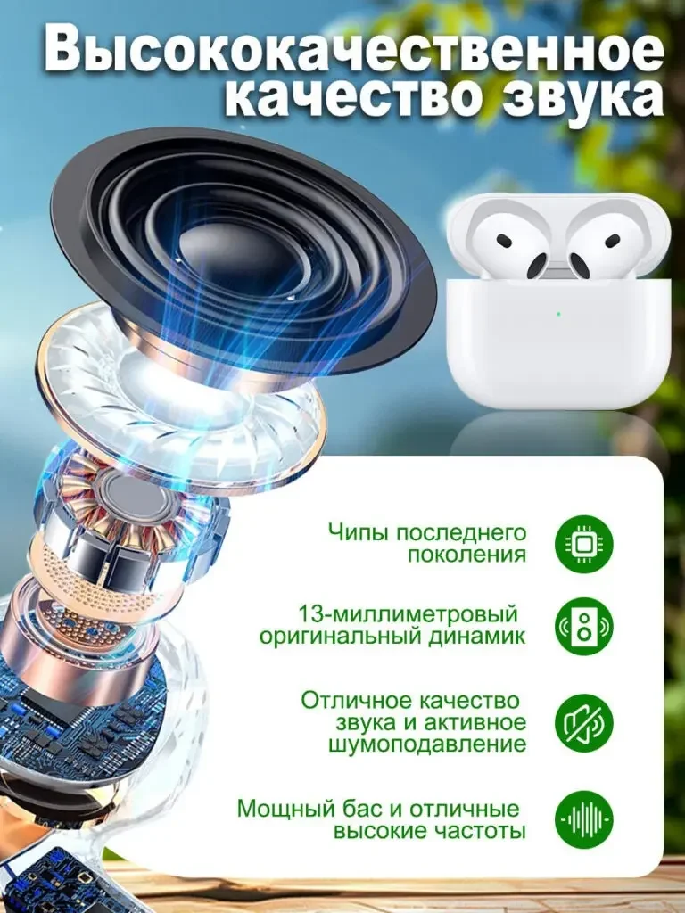 Product picture of the white Bluetooth headset in Russian: the enlarged internal unit breakdown is on the left, the complete device is placed in the upper corner, and the white card on the lower right organizes sound-related instructions.