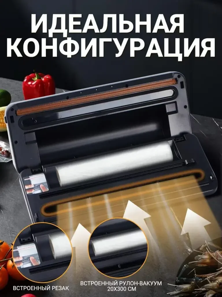 Russian product picture of GOURMET vacuum packaging machine: showing the roll bag and sealing area in the open state, with a close-up circular enlargement of the cutter and built-in roll bag at the bottom.