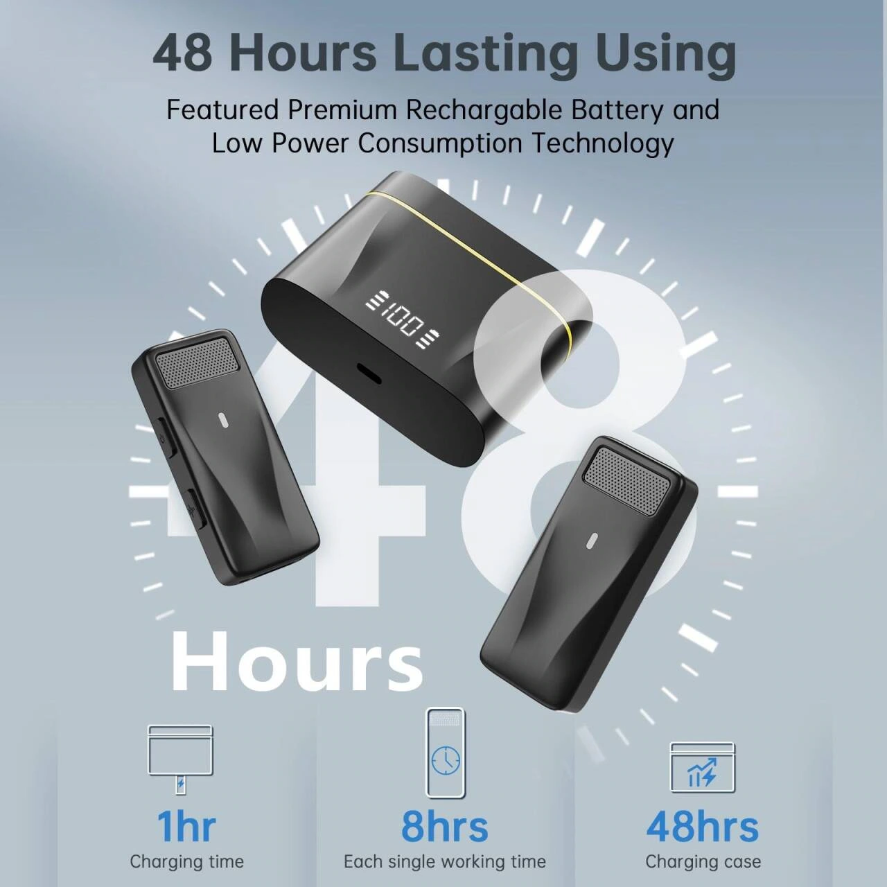 Product picture of square wireless lavalier microphone: time information: summarized with three icon blocks