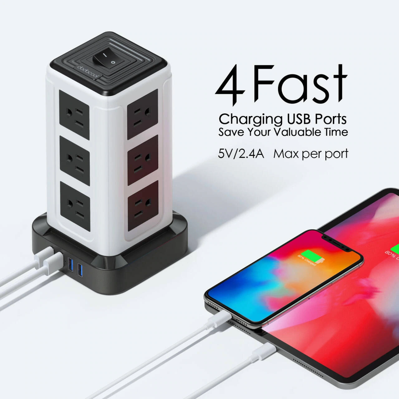 Product picture of tower socket: charging situation: mobile phone and tower body form a relationship