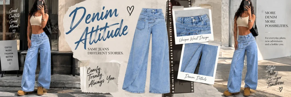 SHEIN women's clothing store poster design case - third picture: highlighting the design sense of jeans through asymmetric structure