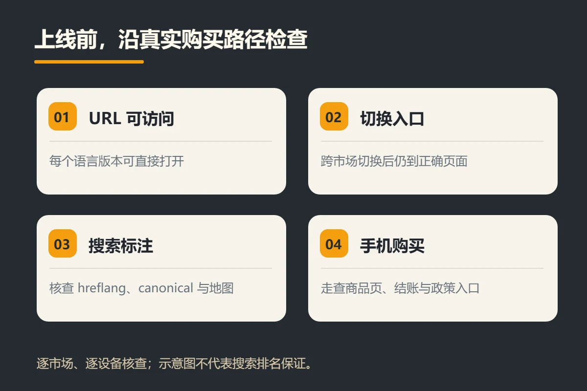 Multilingual brand website online verification flow chart, sequentially checking the accessible URL, language switching, search annotation and mobile phone purchase path