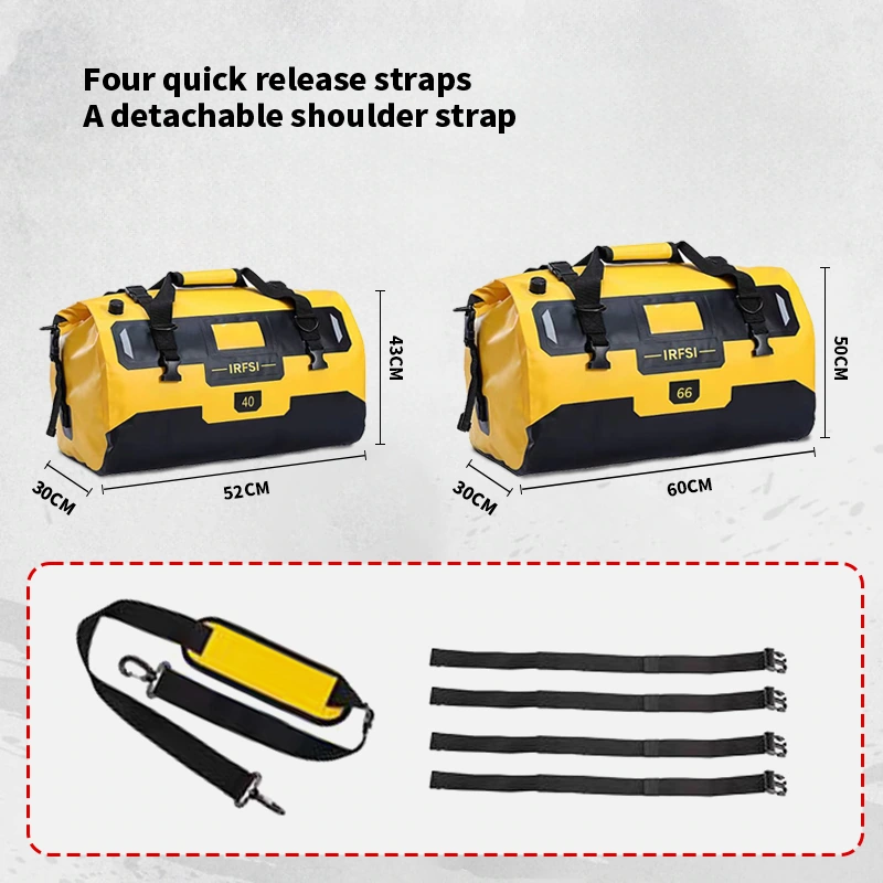 Motorcycle travel bag product image: Dimensions page: two sizes establish a common reference