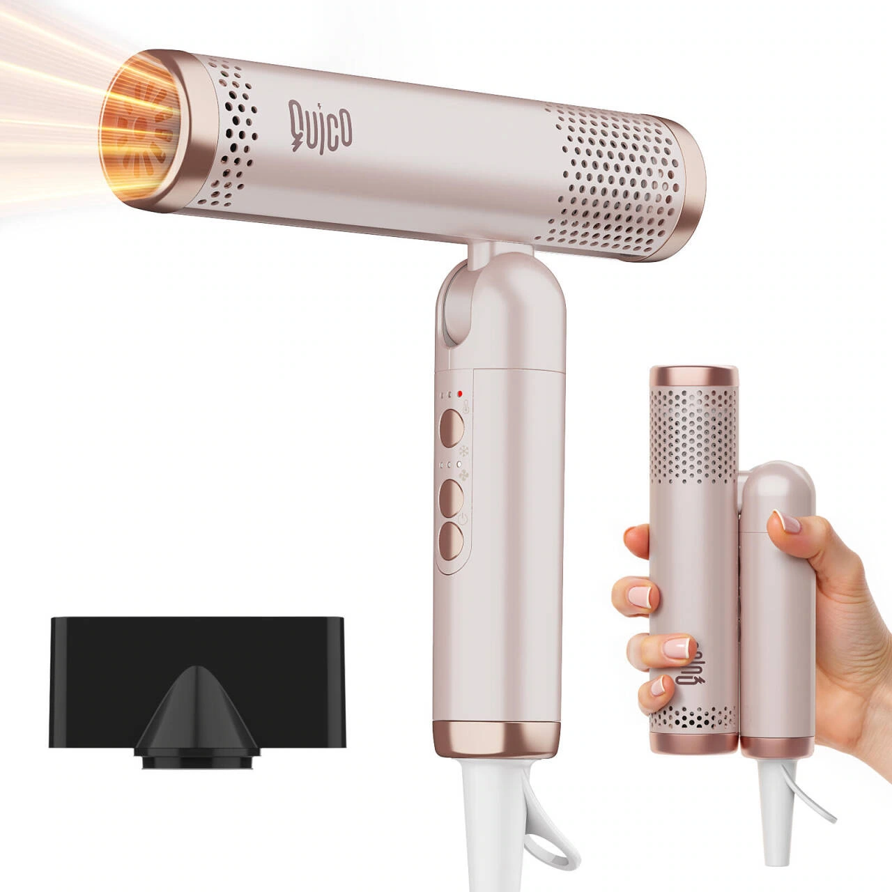 Folding hair dryer product image: white background overview: let the body and accessories be recognized first