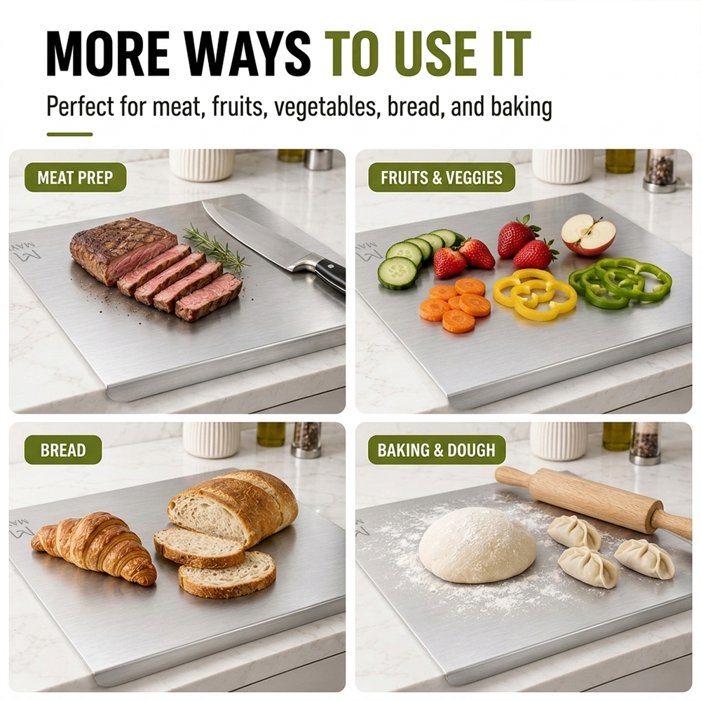 Temu stainless steel cutting board main product image design-use four-square grid scene to enhance one board with multiple uses