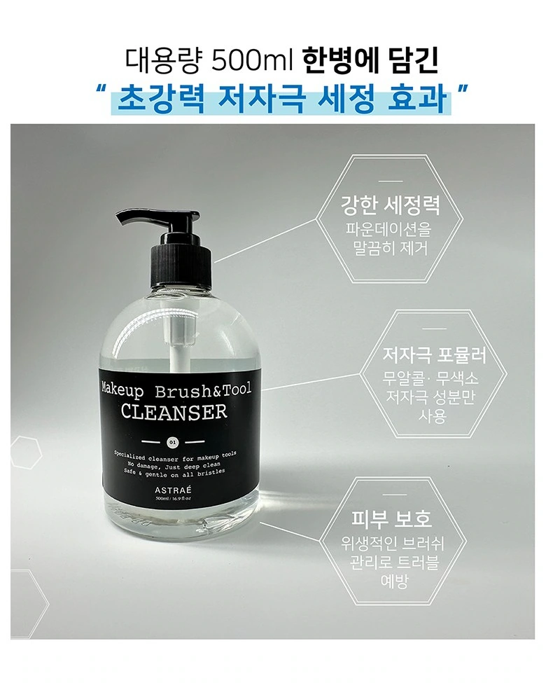 ASTRAE Makeup Brush Cleanser: Close-up of the bottle: Hexagonal instructions unfold around the main body