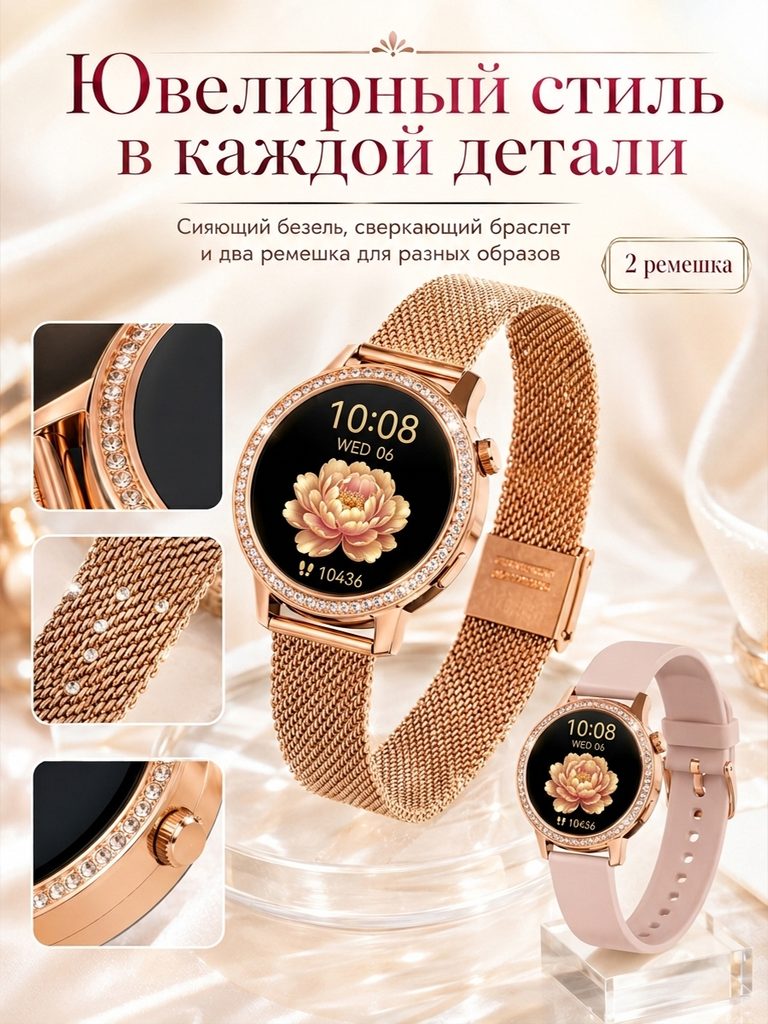 Picture of the Russian product of the rose gold smart watch: the bezel, metal woven strap and side knobs are enlarged respectively. Another light-colored strap is added next to the whole machine, and two straps are marked.
