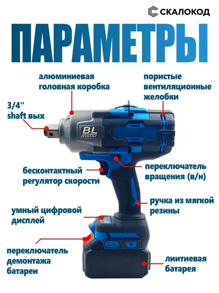 Product picture of wireless impact wrench in Russian: The red dotted line points to the machine head, steering switch, speed trigger, handle and battery, and the product outline is complete.