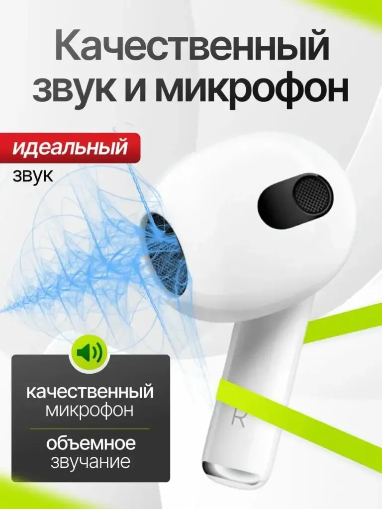 A. Pods 3 Bluetooth headset Russian product picture: The headphone unit is enlarged, the blue line surrounds the sound area, and the card below supplements the microphone and sound theme.