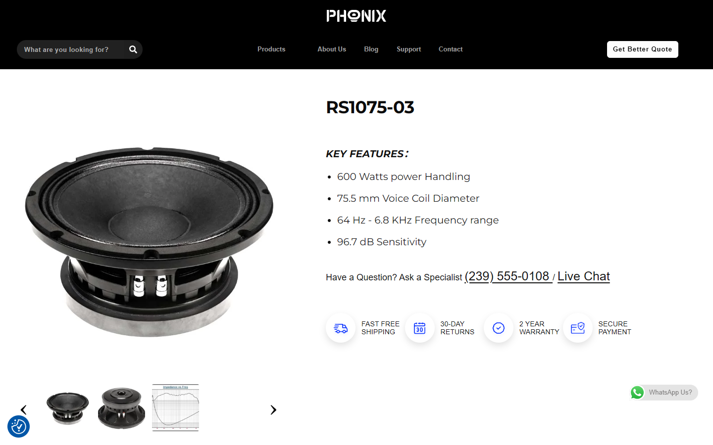 RS1075-03 product details are on the first screen of the desktop. The speaker brochure on the left is juxtaposed with the model and key features on the right.