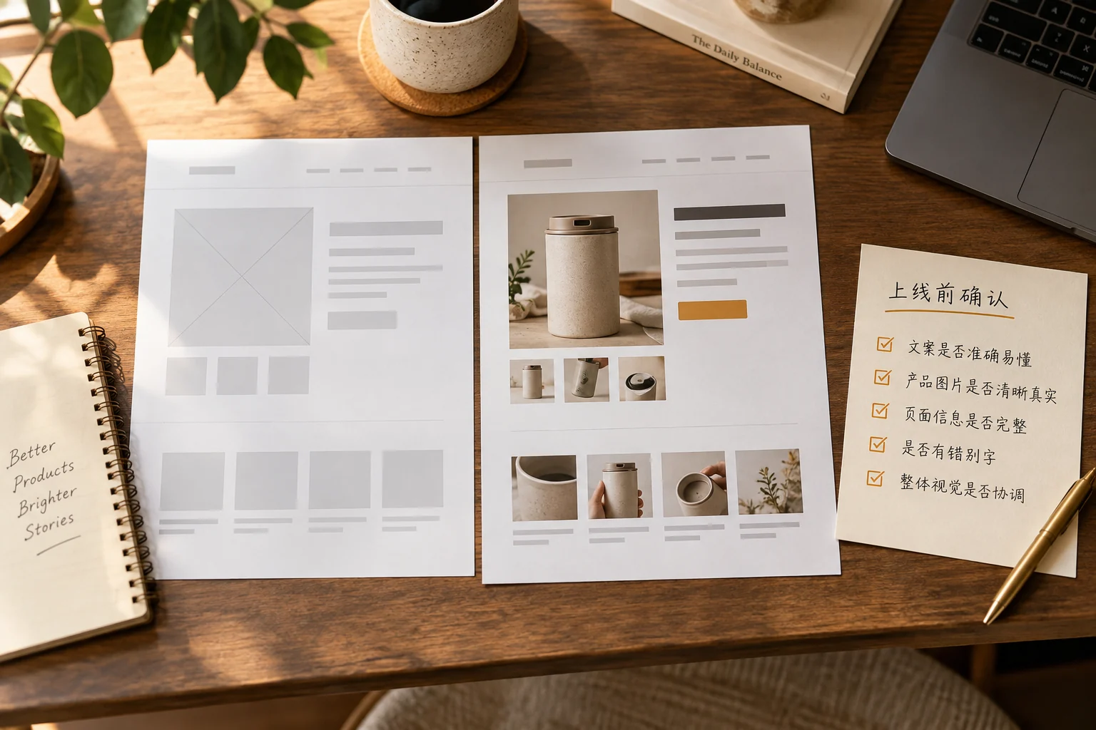 Product content from page placement to real product images and text before and after editing
