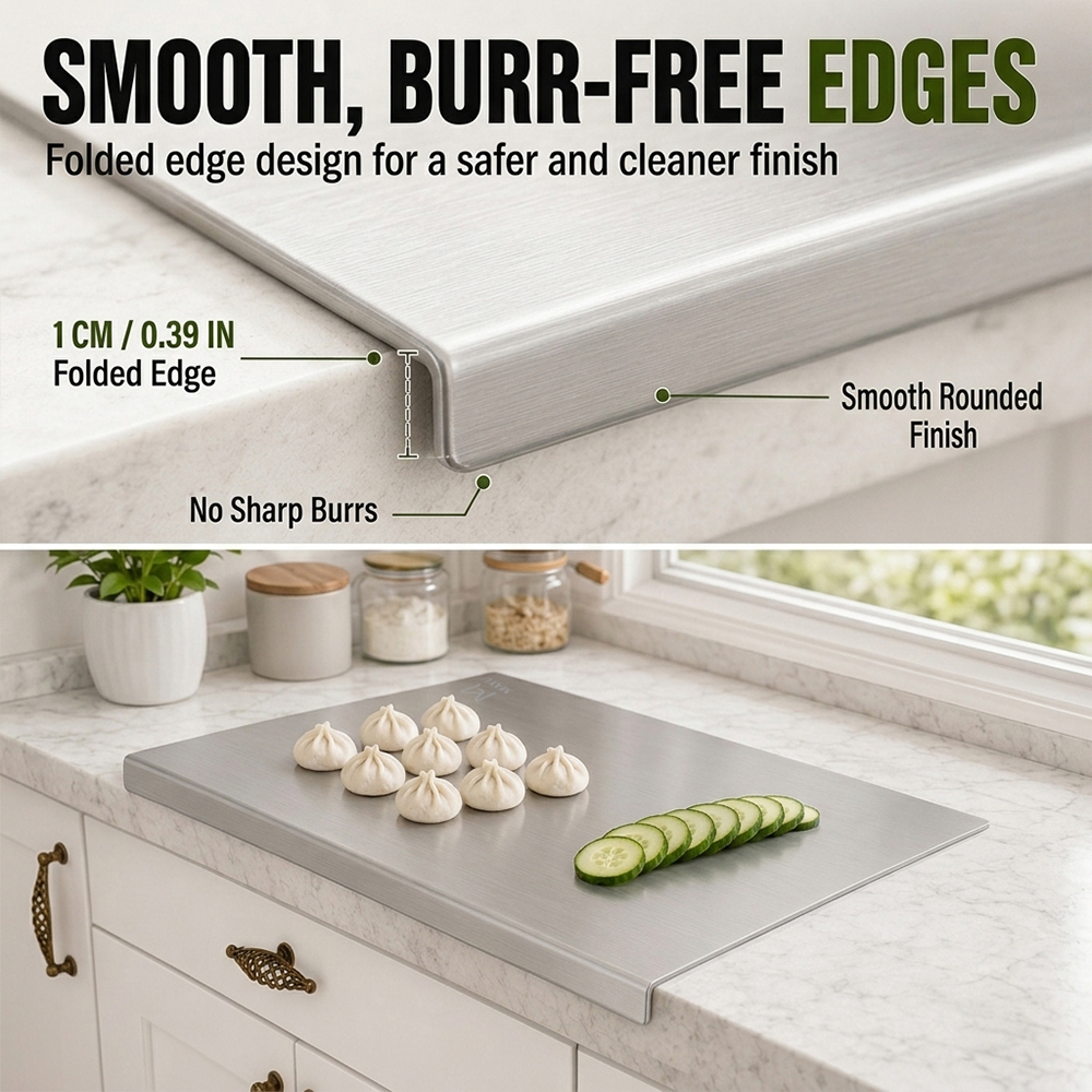 Temu stainless steel cutting board main product image design-enhance safety and craftsmanship details through edge close-ups