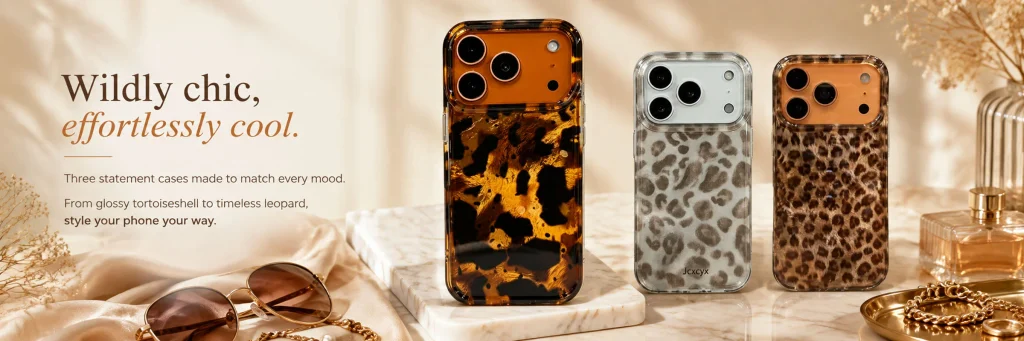 SHEIN mobile phone case store poster design - fourth picture: using warm brown tones to create a mature and fashionable sense of leopard print series
