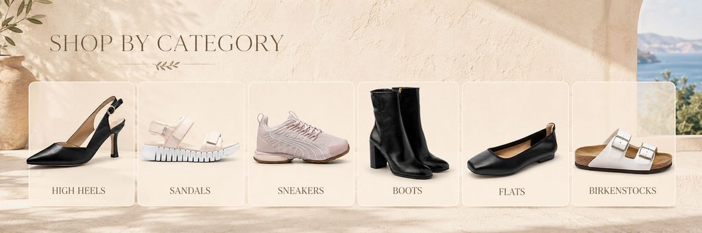 SHEIN women's shoes store poster design analysis - Shop by Category - a natural transition from atmospheric visuals to product navigation