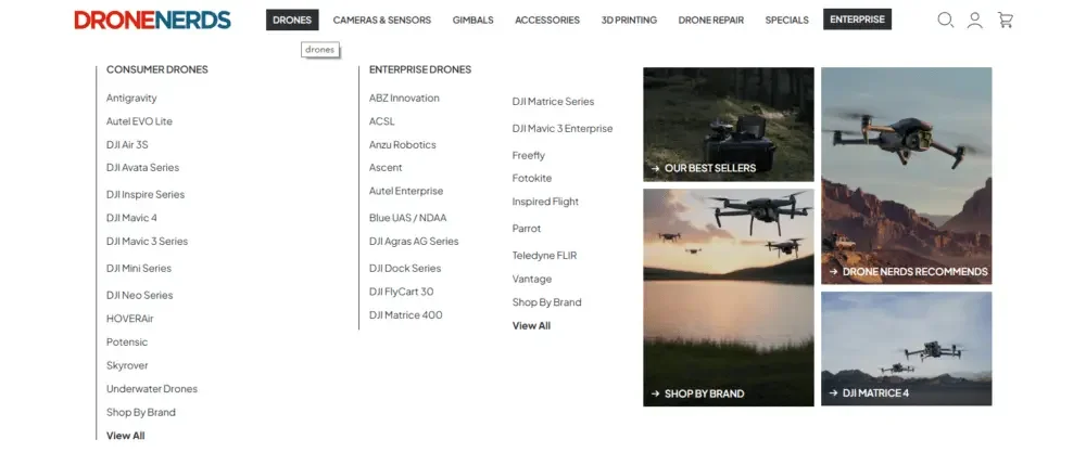 Shopify drone e-commerce brand website whole-site visual design case-Homepage design: quickly establish trust and clear understanding-Category navigation: reduce browsing resistance