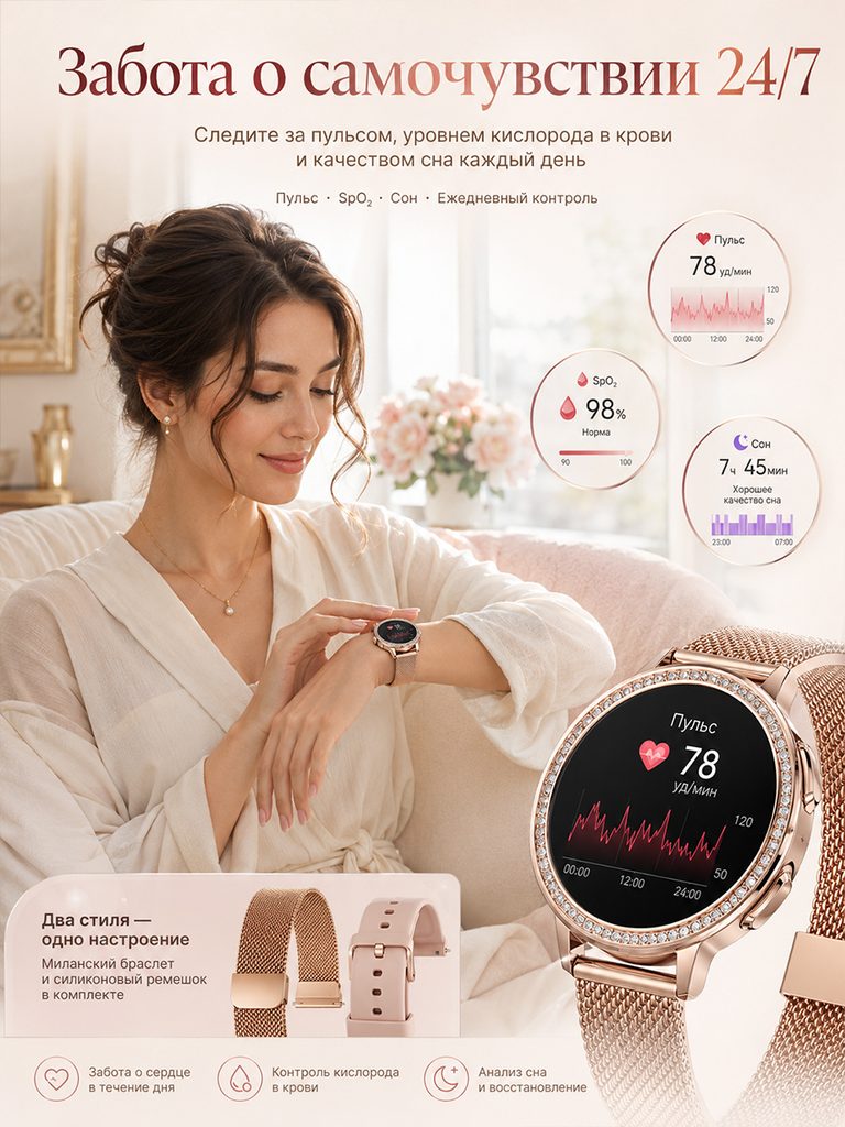 Product picture of the rose gold smart watch in Russian: a character is looking at the watch, with circular cards with heart rate, blood oxygen and sleep patterns next to it, and the screen is enlarged to retain the data interface.