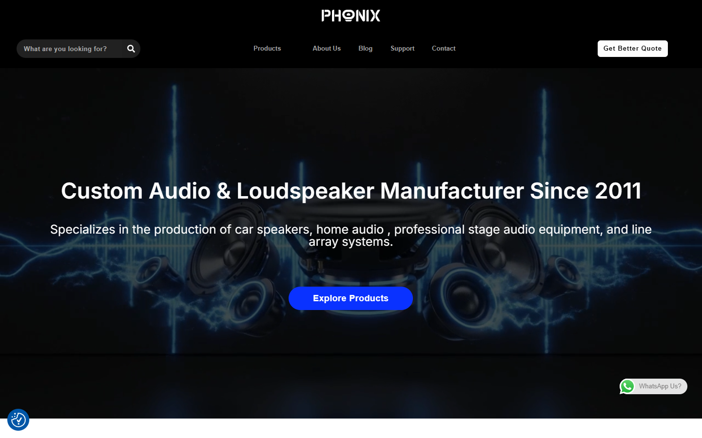 Phonix Audio homepage desktop first screen, black navigation, audio theme background, manufacturer positioning and blue product entrance