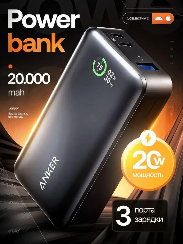 Power bank main product image series Russian product picture: Dark power bank displays front digital display in warm light, 20000mAh, 20W and three-port themed partition arrangement.