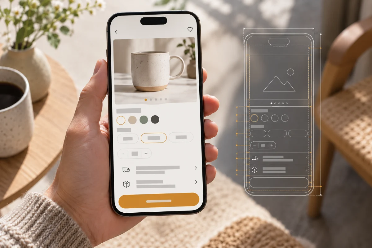 Illustration of a mobile product page showing product images, variant options and a visible buy button