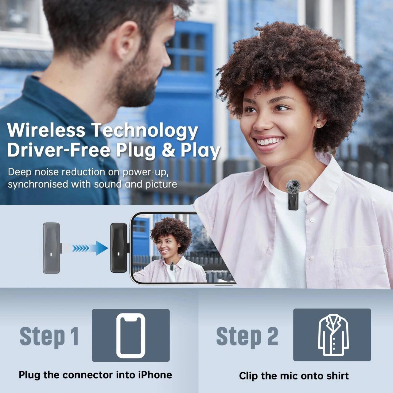 Square Wireless Lavalier Microphone Product Picture: Interview Scene: Two steps below the photo