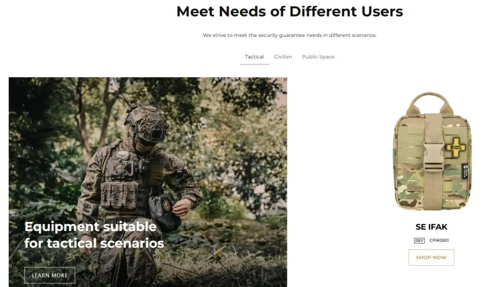 Shopify tactical first aid kit brand official website design and user experience optimization - modular content design to meet different user needs - "Meet different user needs" section