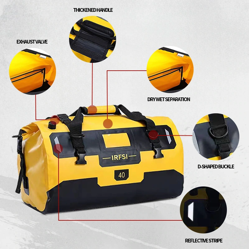 Product picture of motorcycle travel bag: local details: circular windows arranged around the main body