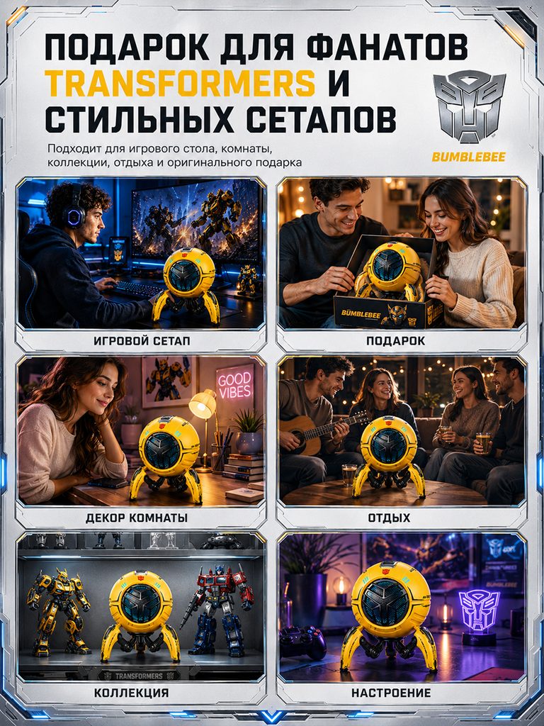 Product picture of TF-Y17 Pro spherical mecha Bluetooth speaker in Russian: six panels are respectively arranged for game desktop, gift giving, indoor display and leisure scenes. The yellow main body remains consistent in different backgrounds.