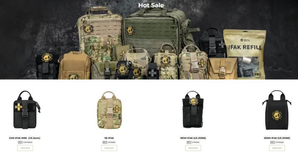 Shopify tactical first aid kit brand official website design and user experience optimization - designed around trust and professionalism - restrained and professional hot-selling product area