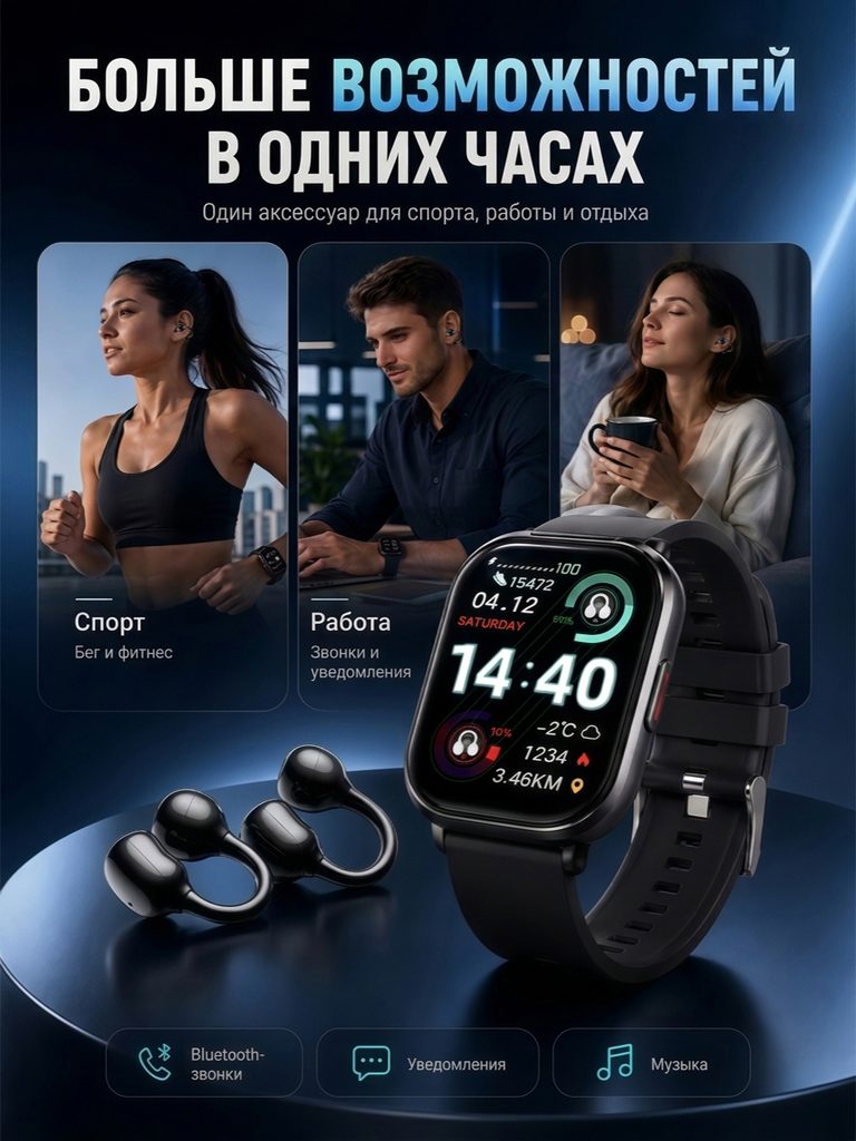 Russian product picture of the combination of ear clip headphones and smart watch: small pictures of sports, work and rest are located at the upper part, watches and headphones are displayed in a centralized manner at the lower part, and call and music icons are supplemented at the bottom.