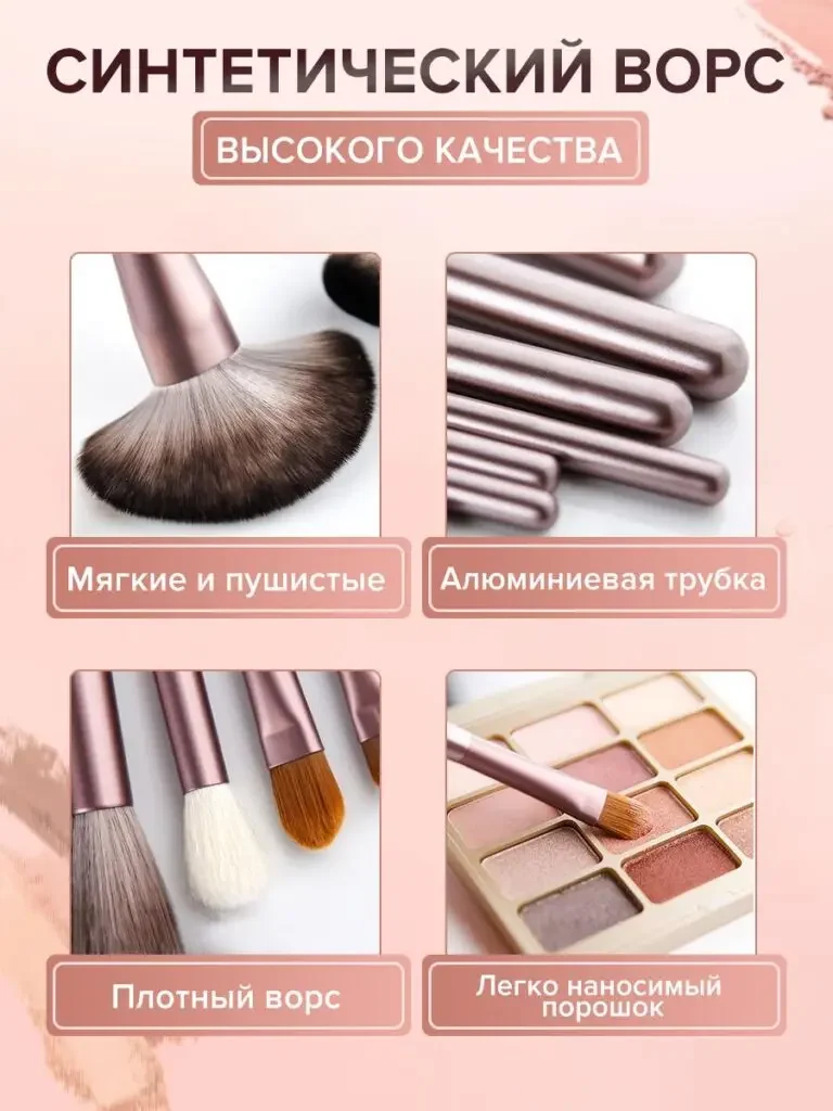 12-piece makeup brush set Russian product picture: photos of bristles, brush handle connection, brush head density and makeup contact are placed in four boxes respectively, with short labels adjacent to the photos.