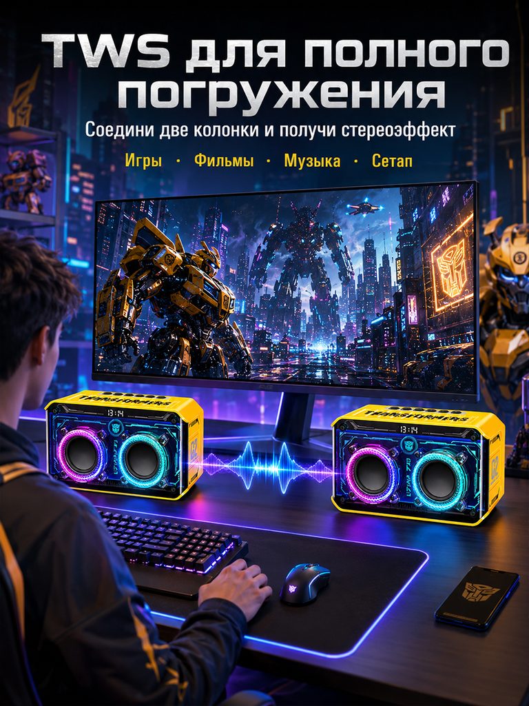 Product picture of the yellow dual-unit mecha Bluetooth speaker in Russian: The two speakers are arranged on both sides of the monitor, connected by sound waves in the middle, and the keyboard and character operations continue the game desktop context.