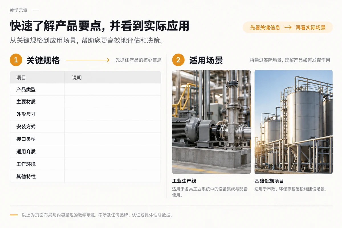 B2B product page specification summary and applicable scenarios double-column layout guide